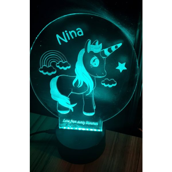 Personalised unicorn light feature with light base, with name Nina on it at the top