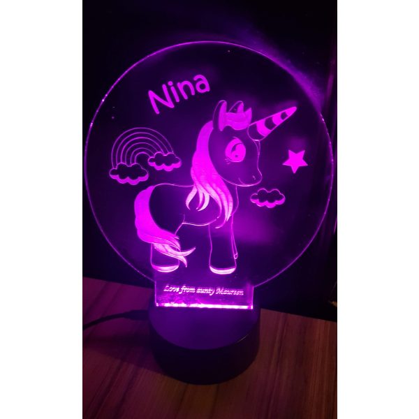 Personalised unicorn light feature with light base, with name Nina on it at the top